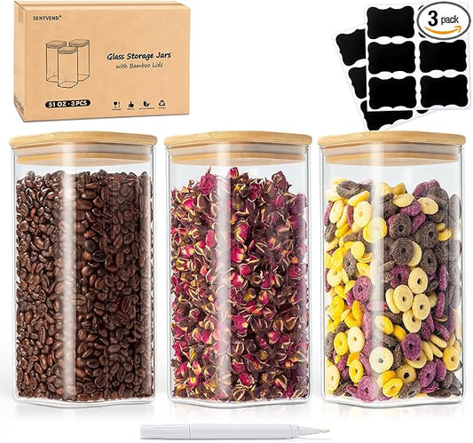 51 Oz Glass Storage Jars with Bamboo Lids - 3 Pack Clear Glass Canisters Square Airtight Stackable Ideal for Pantry Storage Containers Great for Storing Oats Coffee Beans Pasta Flour Rice etc