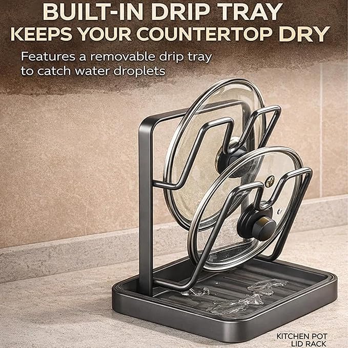 Kitchen Pot Lid Holder While Cooking, Multifunctional Kitchen Pot Lid Storage Rack with Tray, Carbon Steel Pot Lid Organizer Rack for Counter, Space-Saving, Prevent Messes, for Pans & Lids (StyleD)