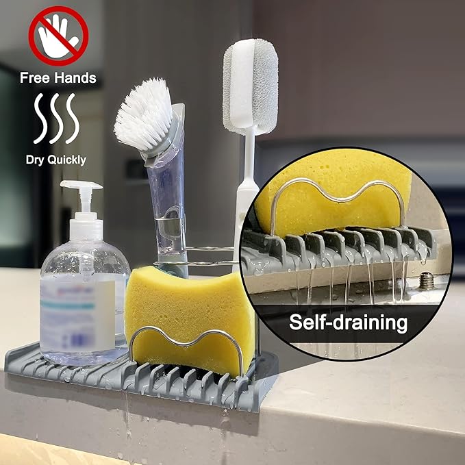 Gosmol Sponge holder for kitchen sink caddy accessories gadgets, dish soap brush holder for sink organizer, soap tray holder drainer rack for bathroom -Gray