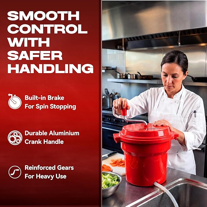 Commercial Salad Spinner 2.5 Gallon Capacity Salad Dryer to Remove Excess Water for Crisp & Fresh Sealed Gearbox Built-in Brake System with Durable Spinner Mechanism for Restaurants Kitchen & Catering