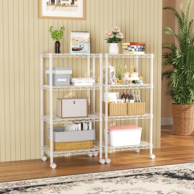 SINGAYE 4 Small Shelves Storage Shelf Wire Shelving Unit Metal Shelf Adjustable Organizers Storage Shelving with Wheels for Bathroom Laundry Room Kitchen Pantry11.5”D x 17.5”W x 30.5”H White