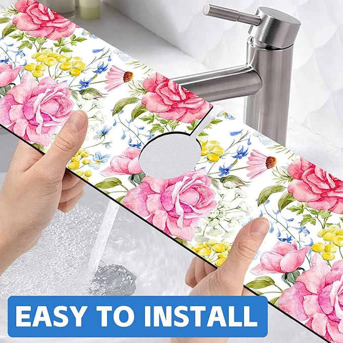 Watercolor Light Pink Floral Dish Drying Mat for Kitchen Sink Splash Guard Behind Faucet Sink Mat Absorbent Fast Drying Faucet Draining Mat for Bathroom Kitchen 5.5"×24"