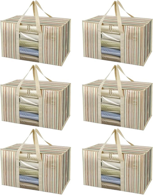 BALEINE 6-Pack Oversized Moving Bags with Reinforced Handles, Heavy-Duty Storage Tote Moving Supplies for Packaging, Camping (Color Stripe, 6-Pack)