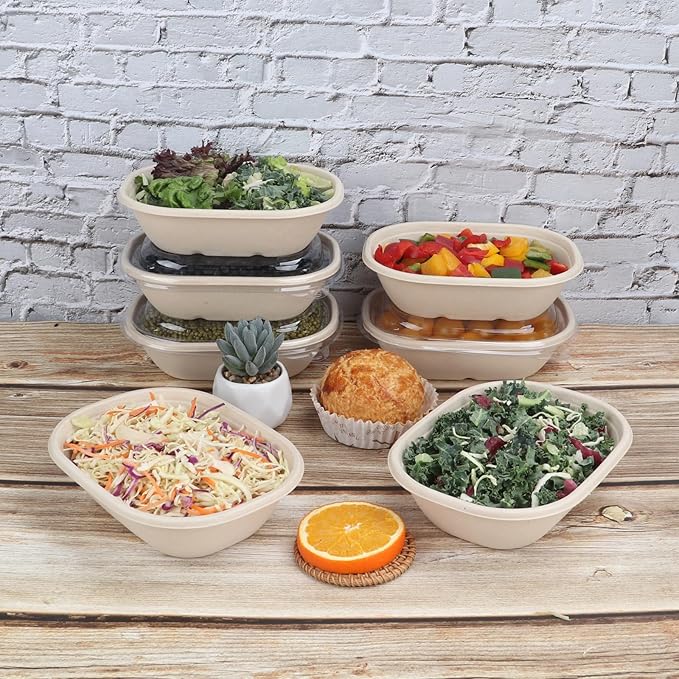 JAYEEY 20 oz Disposable salad bowls with lids, Sugarcane Fiber Paper Bowls take away Bagasse food containers meal prep deli container 50 Pack