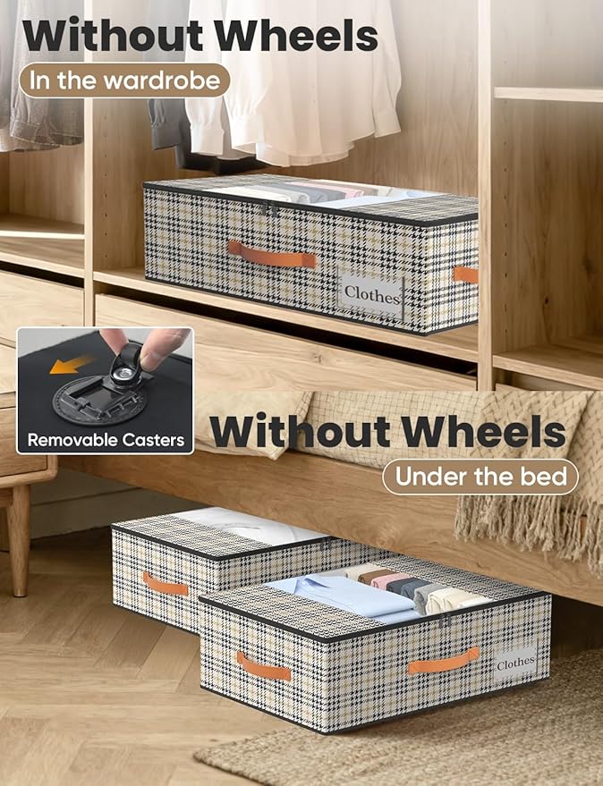 TOSKING Under Bed Storage with Wheels (2 Pack) with 4 Vacuum Bags, 7.9" Height Rolling Underbed Storage Containers, 900D Oxford Heavy Duty Drawer, 80lbs Load Organizer for Clothes, Shoes, Houndstooth