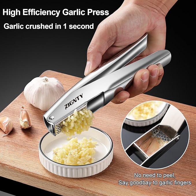 ZIGNTY Garlic Press Stainless Steel, Professional Mincer No Need to Peel, Large Trough Presser Ergonomic Handle Easy Squeeze, Ginger Crusher & Masher Dishwasher Safe Rust Proof