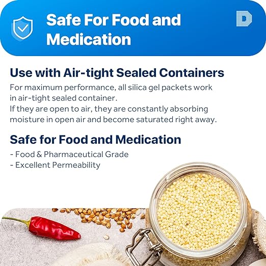 Dry & Dry 10 Gram [100 Packets] Silica Gel Packets Silica Gel Desiccants, Silica Gel Packs - Rechargeable (Food Safe) Silica Gel Packets, Silica Packets