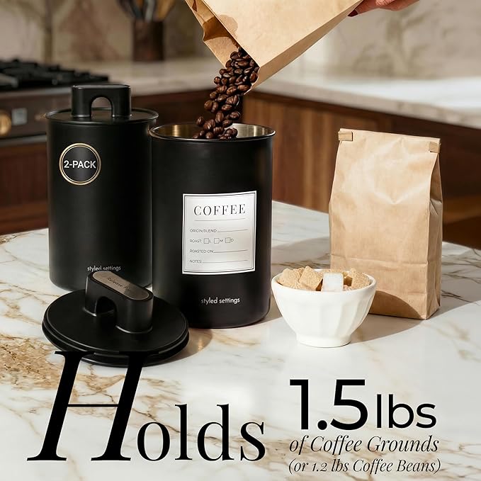 STYLED SETTINGS Vacuum Seal Coffee Bean Container Set – 2-Piece Stainless Steel Coffee Canisters with Scoop and Labels, Matte Black Dual-Lid Airtight Design, 1.5 lb Capacity Each - Coffee Gift Ideas