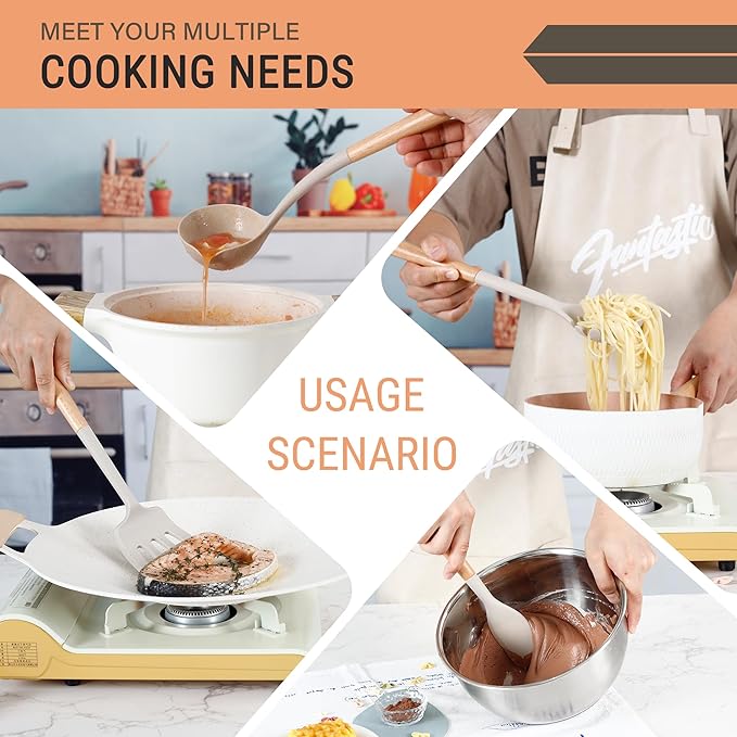 Hvygss Silicone Cooking Utensils Set, Heat Resistance Large Kitchen Utensils Set with Long Wooden Handle, BPA-free Silicone Spatula, 6 Pcs Cooking Spoons for Non Stick Frying Pans and Pots(Khaki）