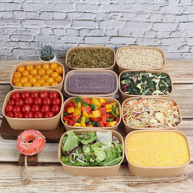 JAYEEY 28 oz Disposable Kraft paper bowls with lids, Rectangle Food containers Soup Bowls Party Supplies Treat Bowls 50 Pack