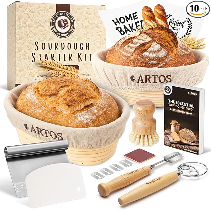 AURAVILLE Sourdough Starter Kit | 9" Round & 10" Oval Banneton Bread Proofing Baskets | Sourdough Bread Baking Supplies with Dough Whisk, Scrapers Bread Lame, Cleaning Brush, Detailed Guide & Recipes