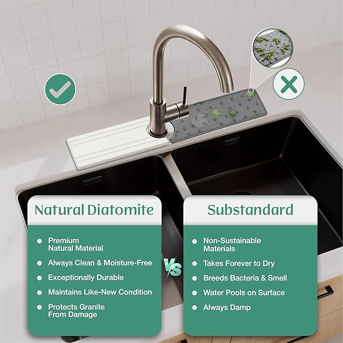 Stone Faucet Mat for Kitchen Sink Splash Guard 15.7" x 3.9" with 2.5" Center Hole | White Diatomite Drying Stone Mat | Non-Slip Stone Tray for Kitchen Counter with Premium Texture & Minimalist Style