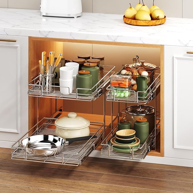 MODCART 2 Tier Individual Pull Out Cabinet Organizer 19½" W x 21½" D, Heavy Duty Cabinet Pull Out Shelves, Slide Out Drawers Organization for Kitchen Cabinets Bathroom