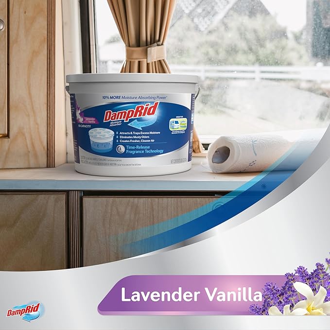DampRid Hi-Capacity Moisture Absorber Bucket, Lavender Vanilla, 2 lb. 15.5 oz. & Moisture Detection Strip (2 Pack), Attracts & Traps Excess Moisture
