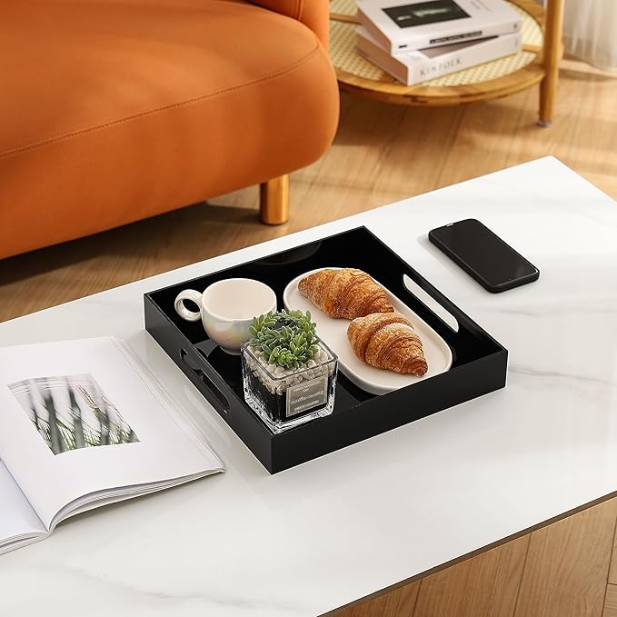 BEYLANG Glossy Black Sturdy Acrylic Serving Tray with Handles-12x12 Inch-Serving Coffee,Appetizer,Breakfast,Butler-Kitchen Countertop Tray-Makeup Drawer Organizer-Vanity Table,Ottoman Tray-Decorative