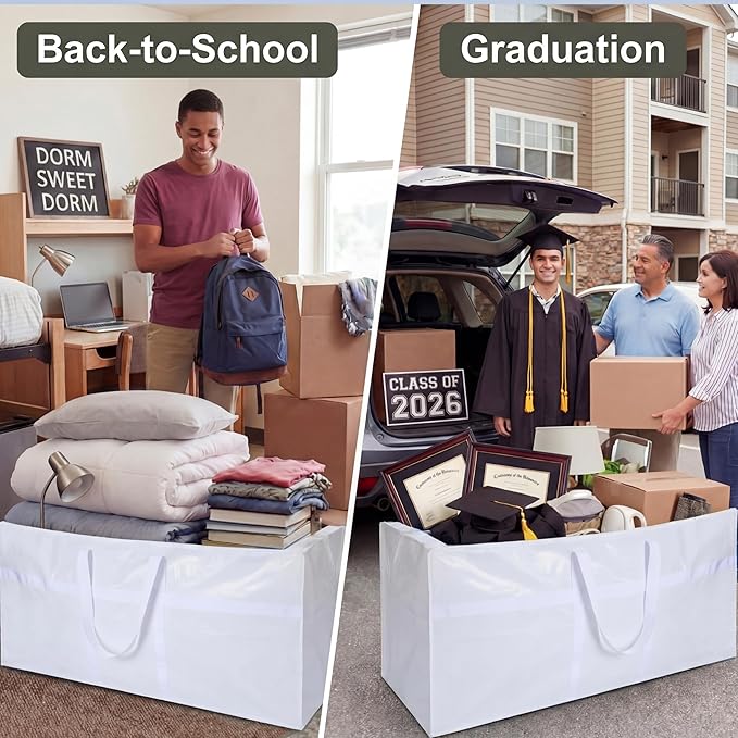 4 Pcs 66 Gallon Extra Large Moving Bags Heavy Duty Storage Bag with Strong Zipper Handle Foldable XXL Jumbo Storage Tote Packing Moving Box for College Dorm Travel Cloth Duffle (White)