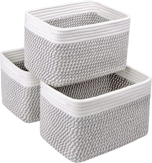 R RUNKA Small Cotton Rope Basket – Storage Bin for Organizing (10.6" x 6.7" x 6.7"), Bathroom Storage Basket for Shelf, Counter & Closet（White & Mixed Grey）