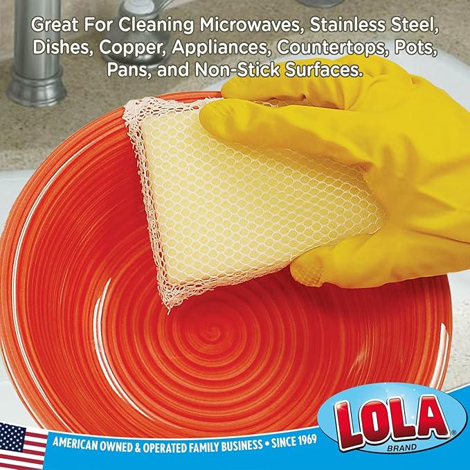 LOLA Microfiber & Nylon Net Sponges, 4 Pack, 2 Dual Sided Non Scratch Sponge Pads & 2 w/Microfiber Cloth One Side and Nylon Net Other Side