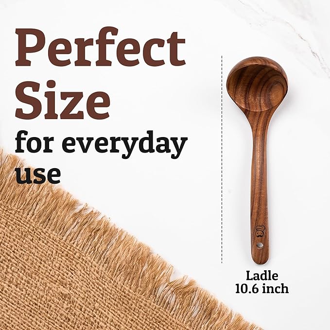 Priority Chef Large Wooden Ladle – Teak Soup Spoon with Long Handle for Serving and Stirring, Nonstick Safe and Easy to Clean – Premium Wooden Utensil for Kitchen Use