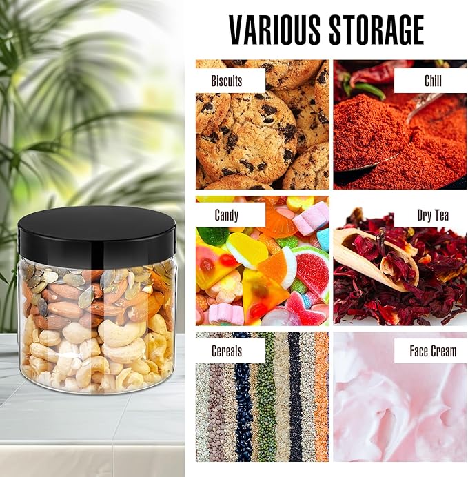 Mifoci 50 Pcs 5.4 oz Clear Plastic Jars Containers Wide Mouth Food Storage Jar for Kitchen Dry Food Butter Honey Cosmetics Cream, Black and Brown(2.56''l x 2.36''h)