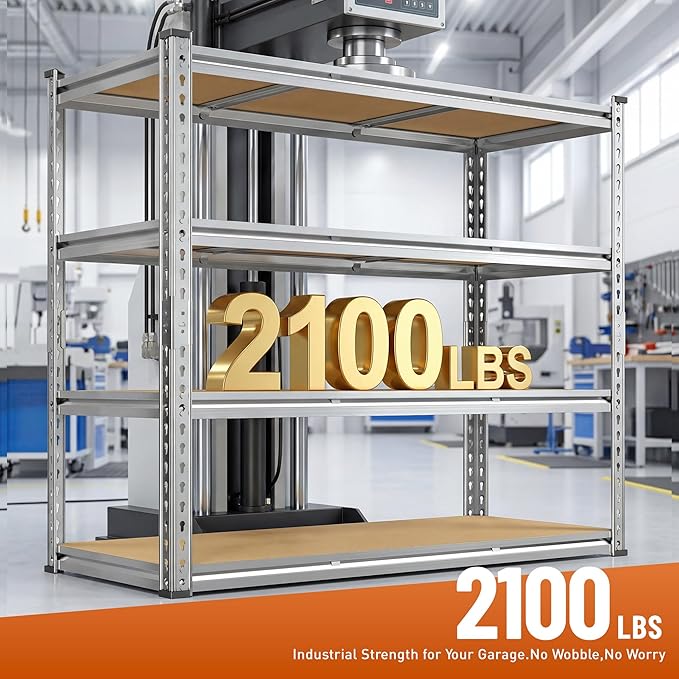 Galvanized Garage Shelving Load 2100LBS, 4-Tier Storage Shelves, Adjustable Garage Storage Shelves, Industrial Shelving, Metal Shelf for Basement, Warehouse, Kitchen, 48" W x 60" H x 17.9" D