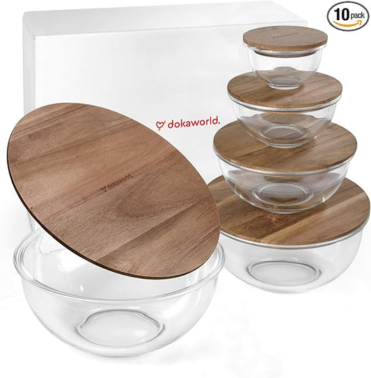 dokaworld Set of 5 Nesting Glass Bowls with New Updated Acacia Lids for Foodprep, Storage, Mixing & Cooking - Microwave & Oven-ready BPA Free Durable Heat Resistant Inert Borosilicate Glass