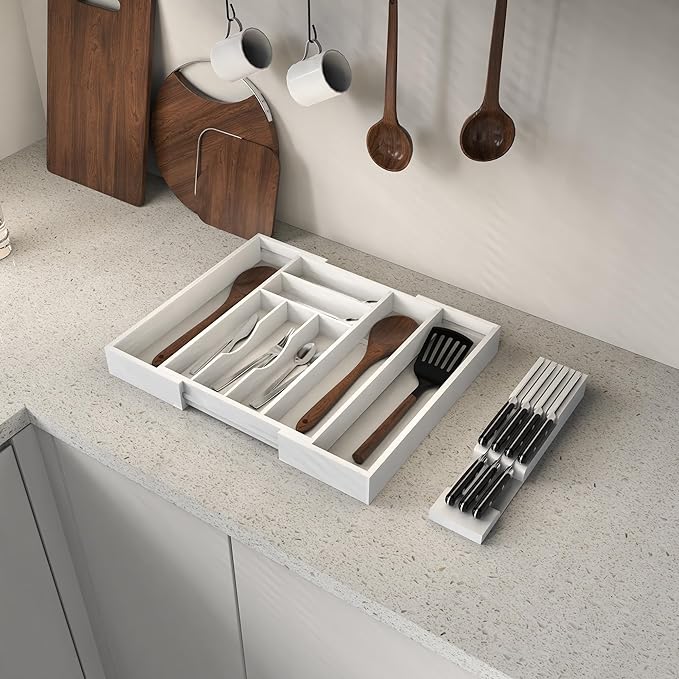 Thalomely Bamboo Kitchen Drawer Organizer, Expandable Silverware Organizer with Removable Knife Block, 6-8 Slots- Utensil Holder & Cutlery Tray Drawer Dividers, 2.36" Deep for Extra Capacity, White