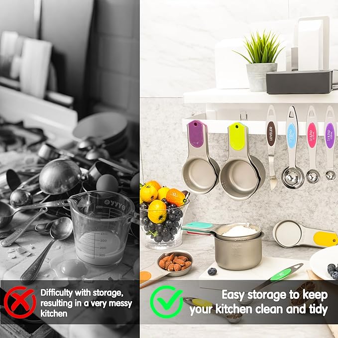 Minteem Magnetic Measuring Cups and Spoons Set, 5 Stainless Steel Measuring Cups, 7 Magnetic Measuring Spoons & 1 Leveler, 3 Plastic Measuring Cup with 1 Measuring Conversion Chart