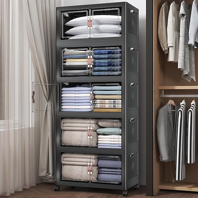 Extra Large Stackable Storage Bins with Lids & Wheels, 275QT-55QT/14GAL*5Pack Foldable Collapsible Closet Organizers Dark Storage Cabinet with Doors for Bedroom Dorm