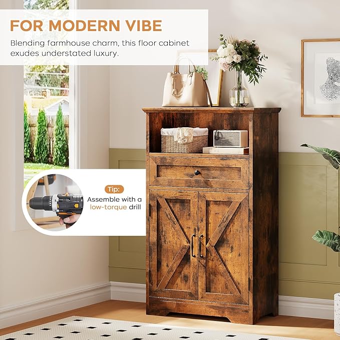 Viroformo Floor Cabinet, Farmhouse Storage Cabinet with Barn Doors and Drawer, 11.81" D x 23.62" W x 39.37" H Rustic Brown Freestanding Adjustable Shelf Organizer for Bathroom, Kitchen, Living Room