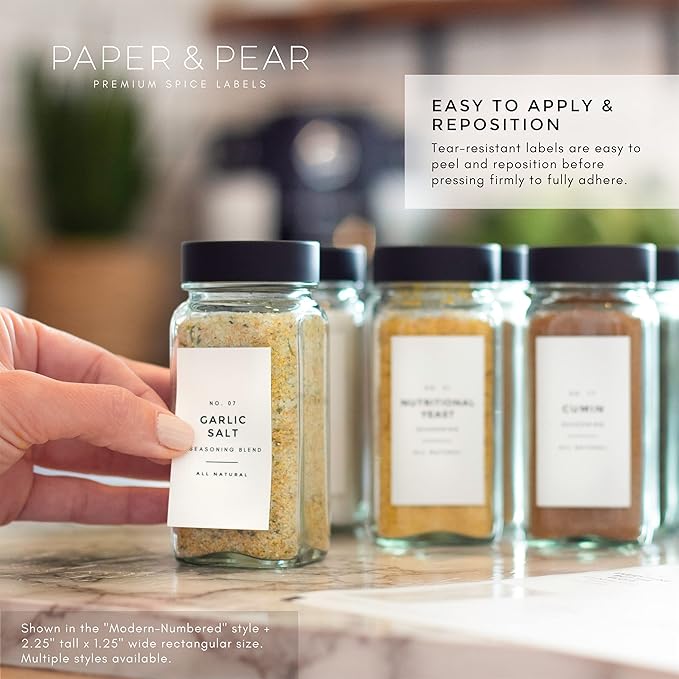 Modern White Spice Labels Stickers Preprinted Waterproof by Paper & Pear - Oil Resistant Kitchen Pantry Labels for Home Improvement - 2.25x1.25 Inches Pantry Stickers - Set of 80 (No Jars)