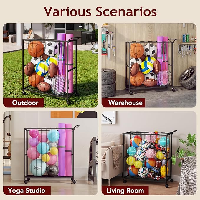 Ball Storage Bin Rolling Sports Ball Cart, Metal Garage Organizer Sport Rack, Ball Basket Storage, Ball Cage for Garage or Gym, Indoor & Outdoor Sports Equipment Organizer Black