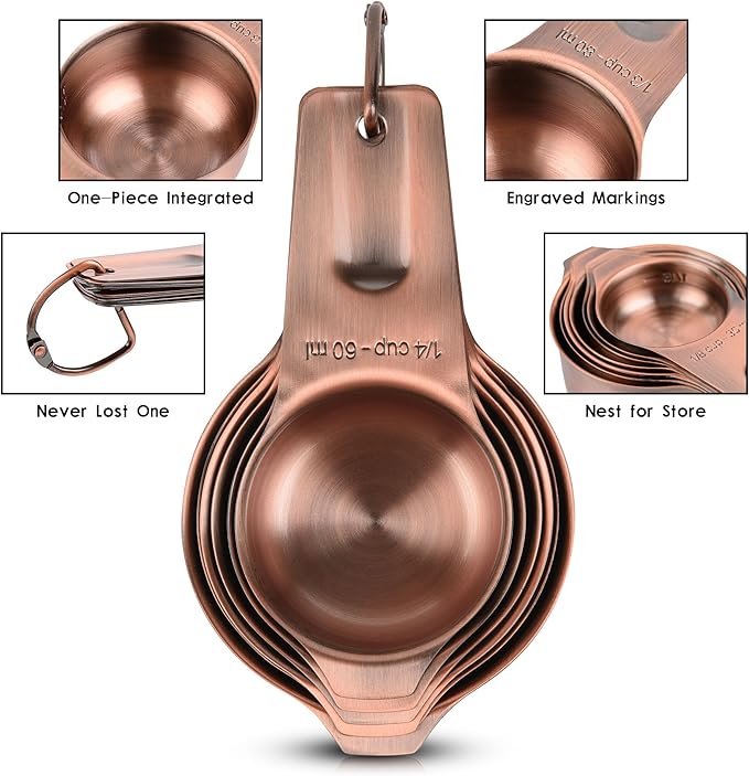 zoyizi Copper Measuring Cups and Spoons Set 17, 7 Stainless Steel Measuring Cups&9 Long Hanlde Narrow Measuring Spoons for Spice Jar&Leveler, Kitchen Metric&US Measure Cup Spoons for Dry and Liquid