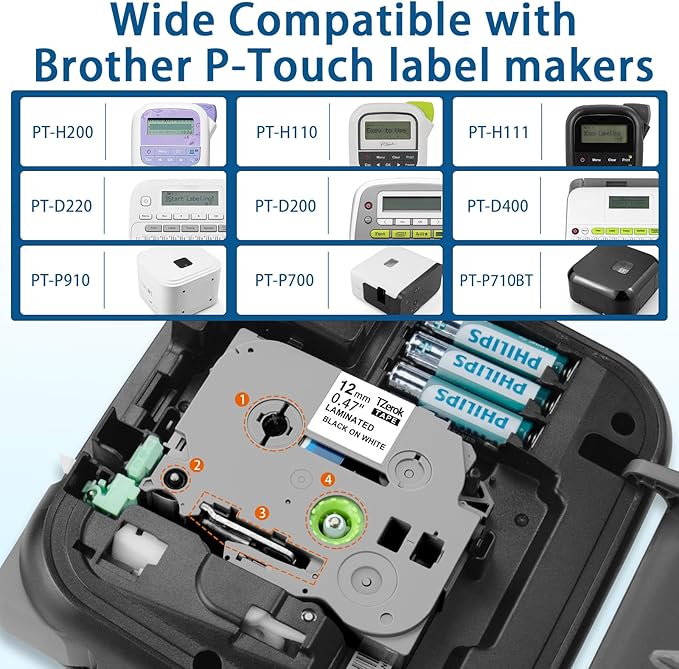 Compatible with Brother TZe231 TZ Tape 12mm 0.47 Laminated White Replacement for Brother P-Touch PT-D210/D220/H110/D410/P710BT Label Maker, 1/2" (12mm) x 26.2ft, 6-Pack