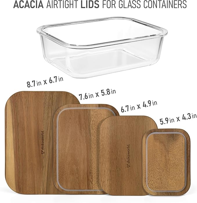 dokaworld Natural Acacia Lids Set for Food Storage Glass Containers (4pcs) - Lids are compatible with all Glass Food Storage Containers Sets