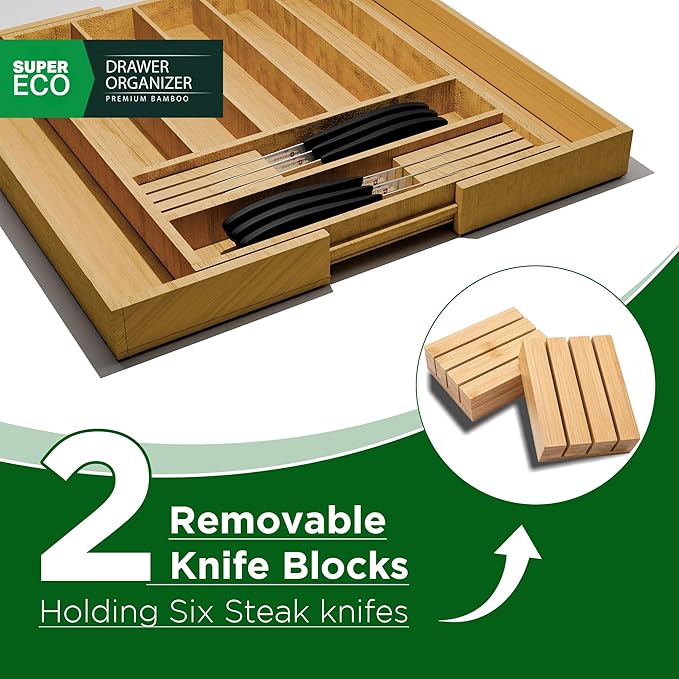 SUPER ECO Bamboo Kitchen Drawer Organizer - Bamboo Expandable Drawer Organizer Utensil Holder & Cutlery Tray - Adjustable Wood Drawer Dividers Organizer for Silverware, Flatware, Knives (9 Slot)