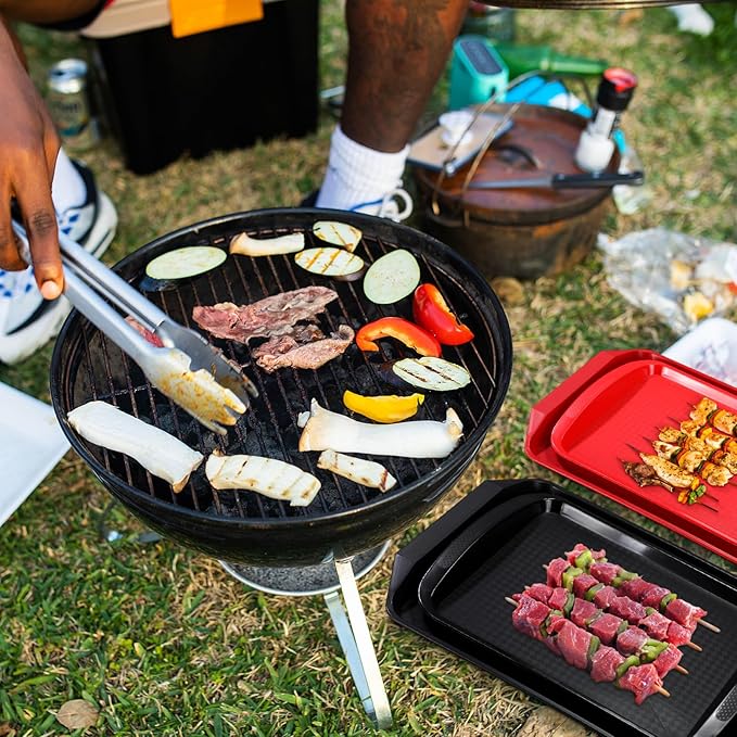 DoubleFill Set of 4 Grilling Prep and Serve Trays, 17x12 Inch 14x10 Inch Large BBQ Platter for Raw and Cooked Food Plastic Grill Tray, Black and Red Stackable Defrosting Grill Prep and Carry System