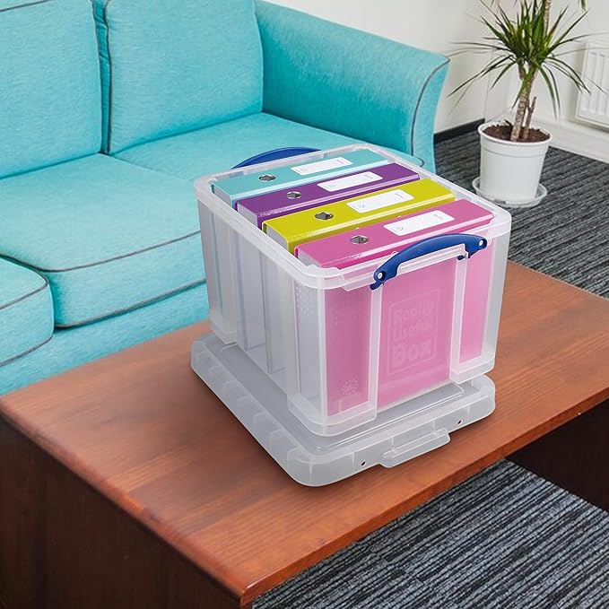 Really Useful Box 3-Pack Clear Plastic Storage Bins with Lids & Clip Handles, 32 Liters - Stackable, Portable and Transparent Organizer Containers for Home, Garage and Office