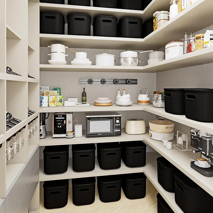 12 Pack Black Storage Bins for Shelves, Plastic Storage Containers for Organizing, Stackable Storage Boxes with Handle, Black Storage Bins for Classroom, Craft, Snacks, Cabinet, 9.7x6.7x5.7inch