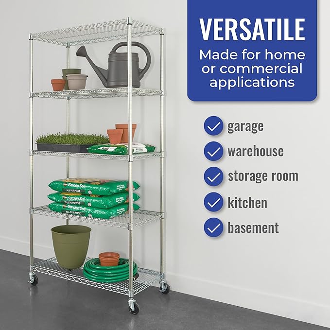 SafeRacks - NSF Certified Storage Shelves, Zinc, Heavy Duty Steel Wire Unit with Wheels and Adjustable Feet, Garage or Bakers Rack, Kitchen, Pantry Shelf - (18"x36"x72" 5-Tier) (Silver)