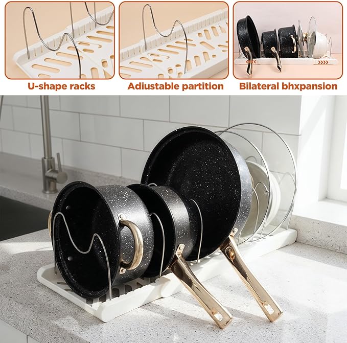 2 Pcs Expandable Pot and Pan Organizer, Adjustable Pot Lid Holder with 7 Dividers Under Cabinet White Plastic Cookware Rack for Kitchen, Cabinet, Cookware - Space-Saving