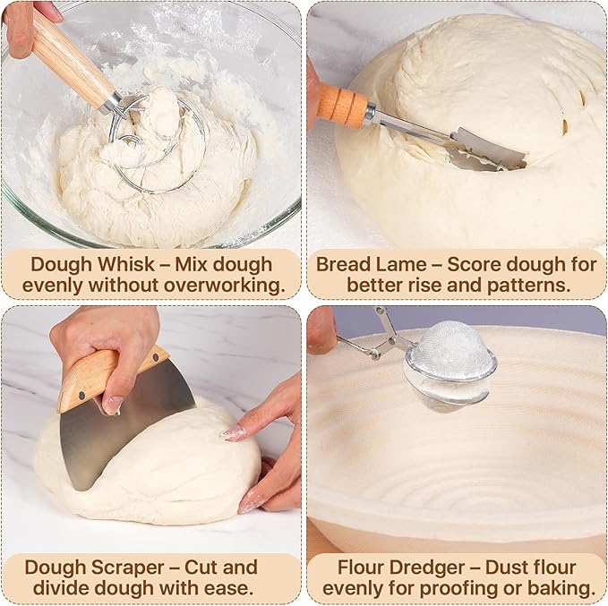 Non-Stick 10” Oval Wood Pulp Banneton Bread Proofing Basket Set, Sourdough Banneton Basket Kit, Bread Making Tool Sourdough Starter Kit with Proofing Bowl, Cover, Dough Whisk, Lame, Scraper