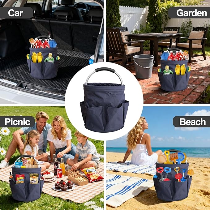 Foldable cleaning caddy basket & Portable cleaning caddy Bucket Cleaning Organizer with Handle and 6 Pockets cubetas para limpieza for Home Garden Camping Storage (Blue)