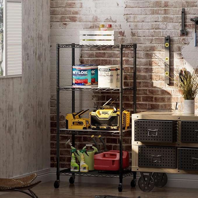 4 Tier Shelves Storage Shelf Wire Closet Bathroom Organizers Metal Pantry Kitchen Garage Shelving Unit Laundry Room Organization Home Rack Net Basket Black with Wheels 14”D X 24”W X 48.9”H