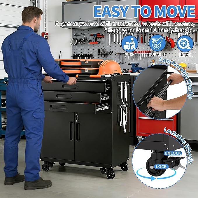 BIZOEIRON Metal Garage Storage Cabinet with Wheels, Rolling Tool Cabinet with 3 Drawers and 2 Doors, Heavy Duty Tool Cabinet with Workbench, Assembly Required, Black