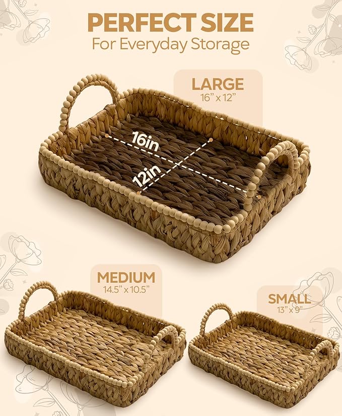 NAZOX Handwoven Water Hyacinth Storage Baskets for Toilet, Living Room, Nursery Organization - Natural Rectangular Set of 3 Versatile Nesting Baskets with Scalloped Edge Design & Handles