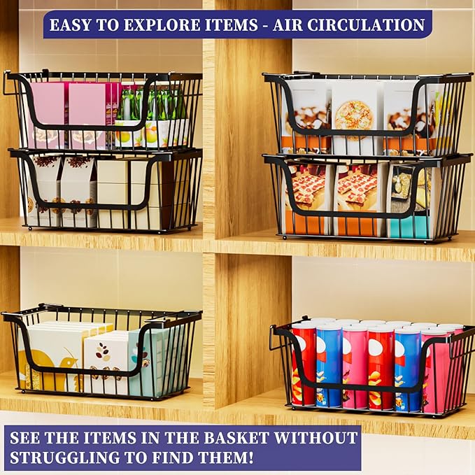 4 Pack Enhanced Leak-Proof Bottom Stackable Wire Baskets, Pantry Organizers and Storage, pantry storage，Shelf Baskets, Fruit Basket, Potato and Onion Storage Bins，(Black)