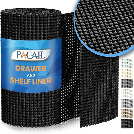 BAGAIL Drawer and Shelf Liner, 17.5 in X 10 Ft Non-Adhesive Shelf Liners for Kitchen Cabinets, Thick Strong Grip Liners for Desk, Shelves, Bathroom Drawers, Cabinet Protection - Black