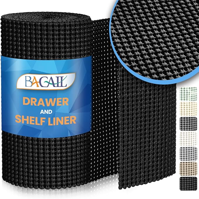 BAGAIL Drawer and Shelf Liner, 12 in X 20 Ft Non-Adhesive Shelf Liners for Kitchen Cabinets, Thick Strong Grip Liners for Desk, Shelves, Bathroom Drawers, Cabinet Protection - Black