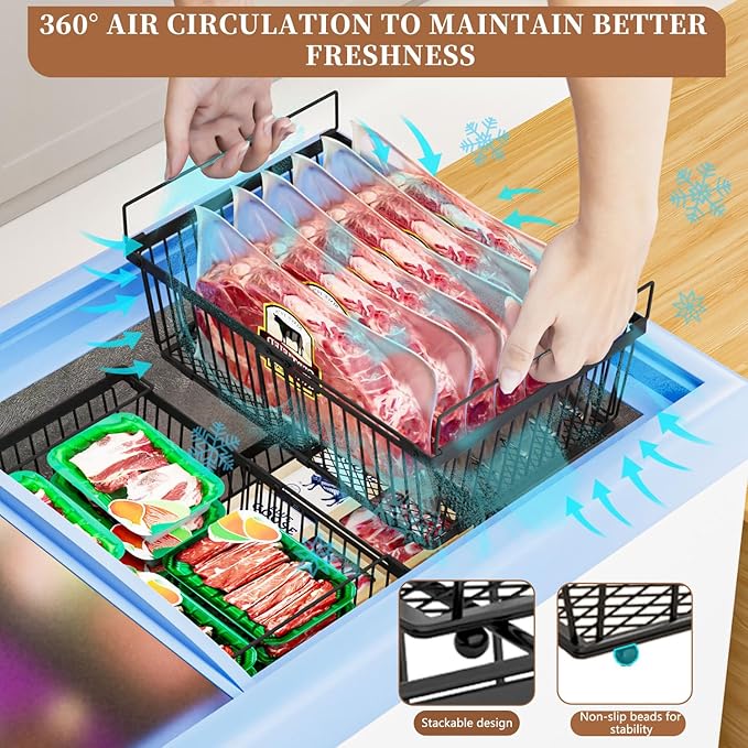 Large Freezer Organizer Bins，Upgraded Bottom Leak-Proof net，Fit 10 to 20 Cu.Ft Deep Freezer，4Pack， Expandable Stackable Chest Freezer Organizer Bins , for Fridge, Deep Freezer, Cabinet